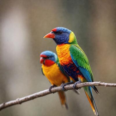 The primary subject of the image is a colorful bird, possibly a parrot, sitting on a branch. The bird is surrounded by a lush green forest, creating a serene and natural setting. The visual style of the image is a close-up of the bird, showcasing its vibrant colors and intricate patterns. The colors and mood of the image are predominantly warm and inviting, with the bird's vivid colors and the lush greenery of the forest creating a sense of tranquility and beauty.